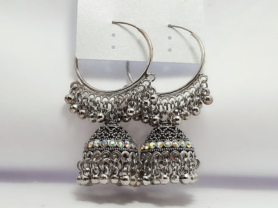 Oxidized Silver Hoop Jhumka Earrings thumbnail
