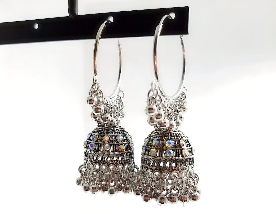 Oxidized Silver Hoop Jhumka Earrings thumbnail